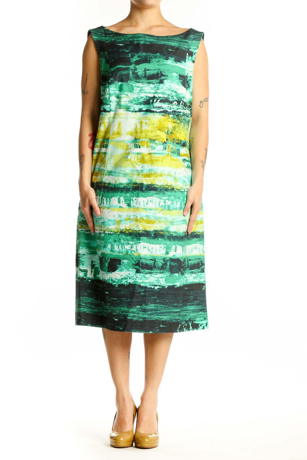 Front view of green and yellow abstract striped Lafayette 148 New York midi dress with sleeveless boat neckline
