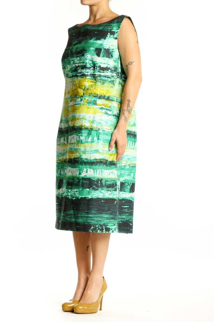 Front view of green and yellow abstract striped Lafayette 148 New York midi dress with sleeveless boat neckline