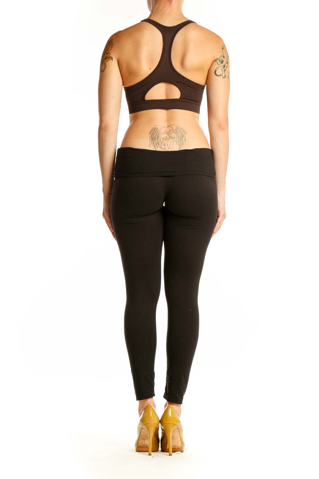 Black sports bra with front zip closure, back view showing strap design and fit