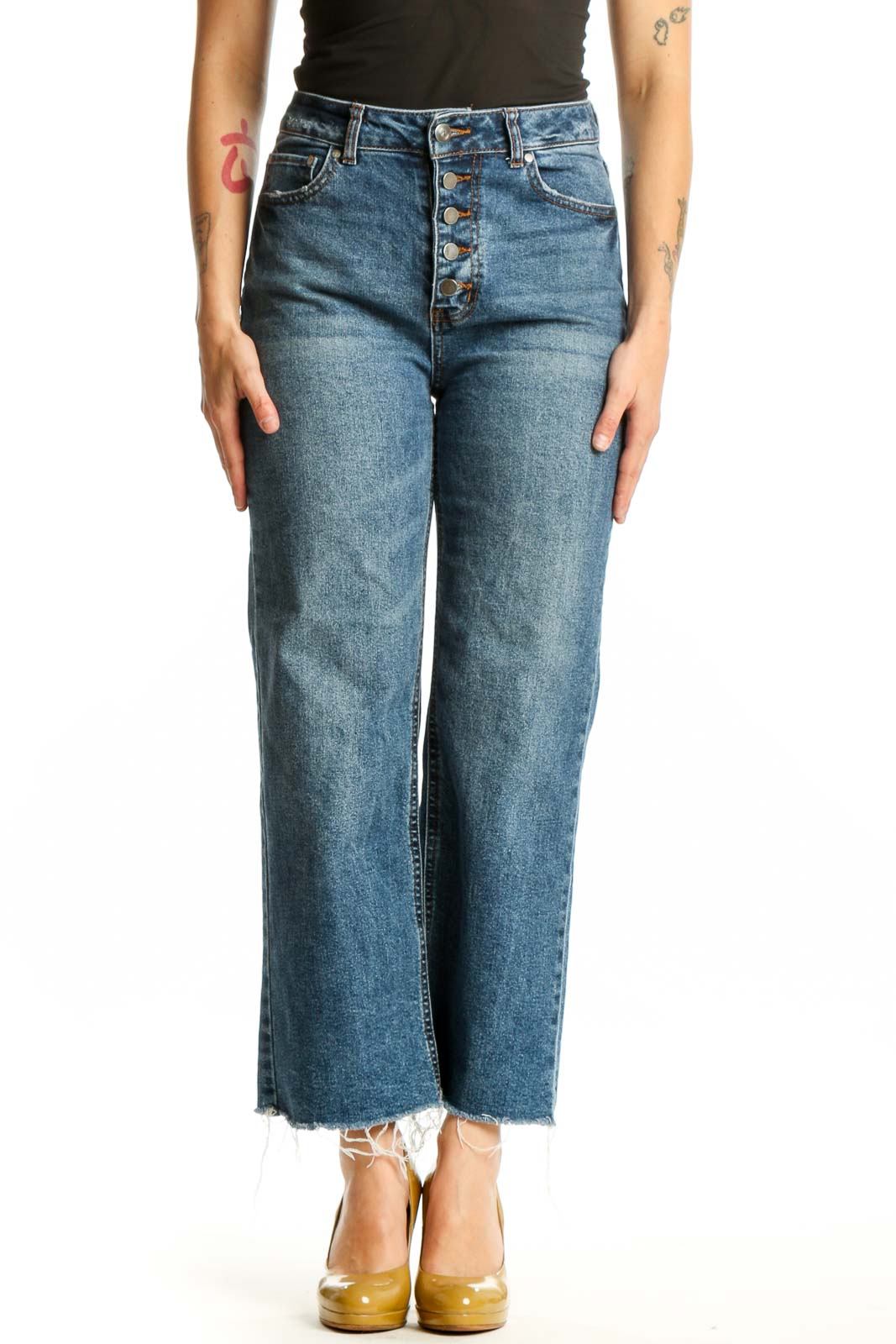 Front view of blue denim cropped straight-leg jeans with high waist and button-fly closure