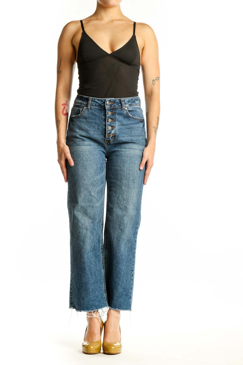 Front view of blue denim cropped straight-leg jeans with high waist and button-fly closure