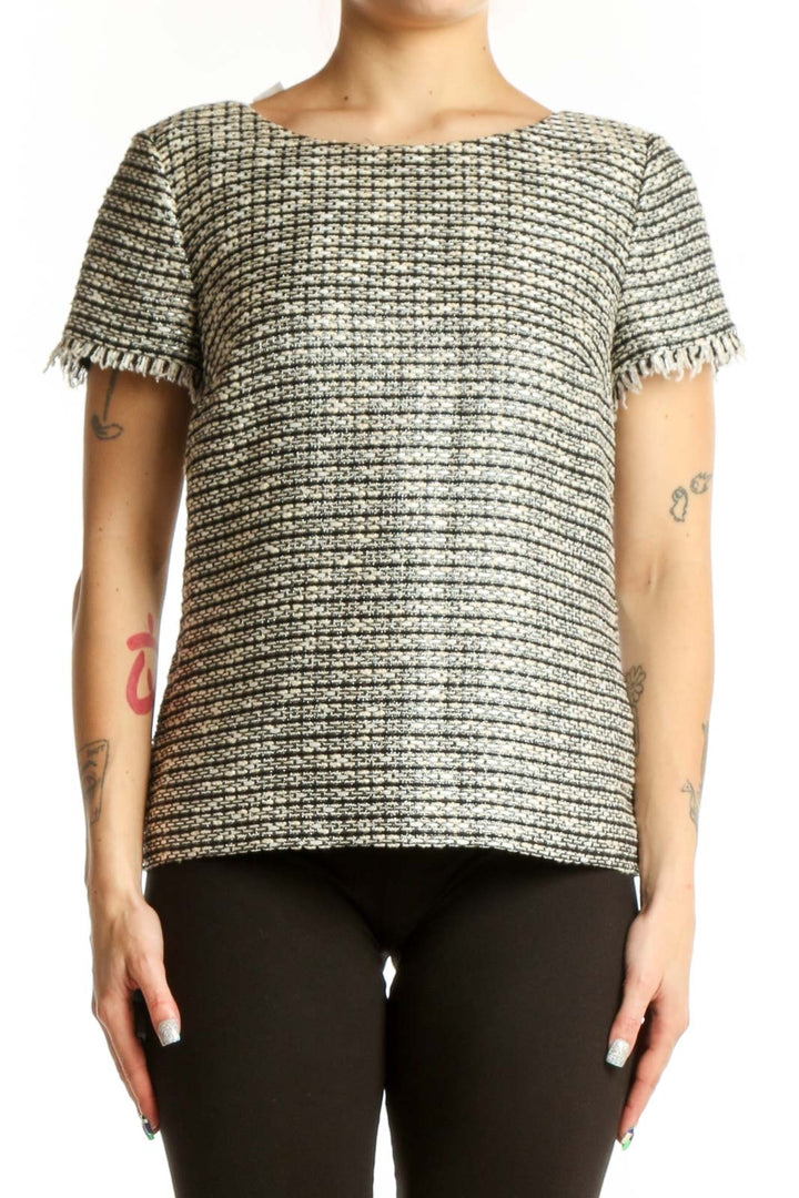 Gold lurex textured short-sleeve top by Talbots with frayed trim, front view on model