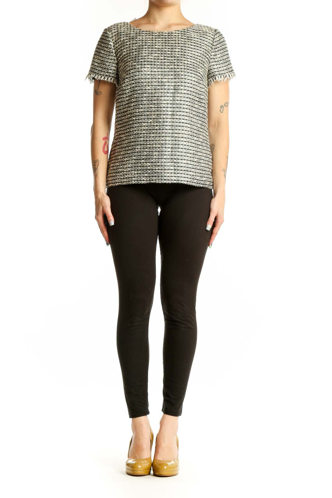 Gold lurex textured short-sleeve top by Talbots with frayed trim, front view on model