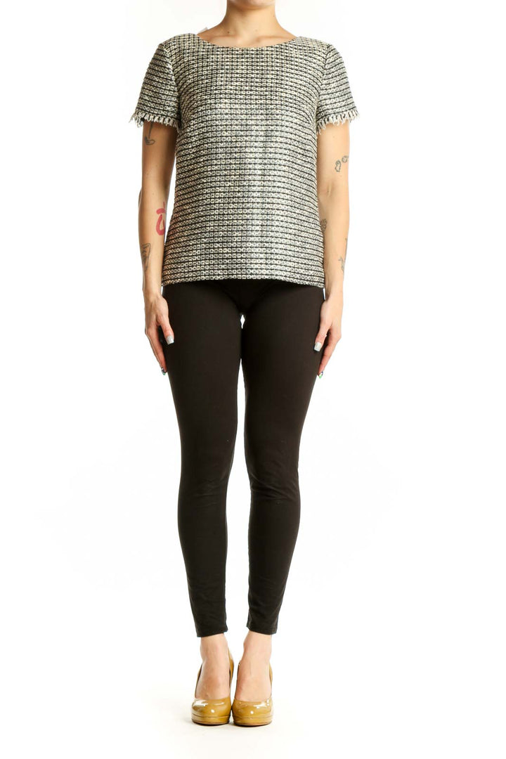Gold lurex textured short-sleeve top by Talbots with frayed trim, front view on model