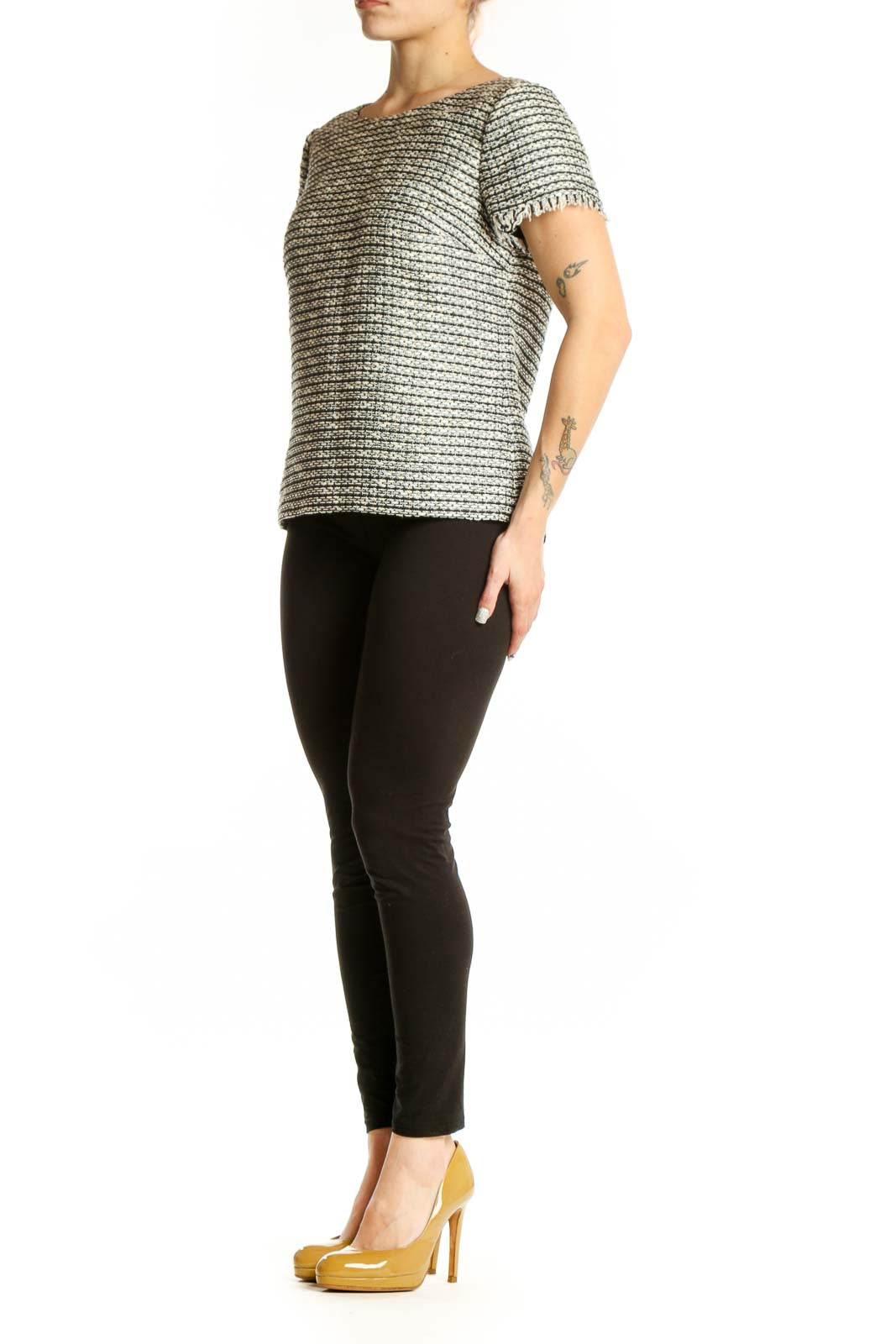 Gold lurex textured short-sleeve top by Talbots with frayed trim, front view on model