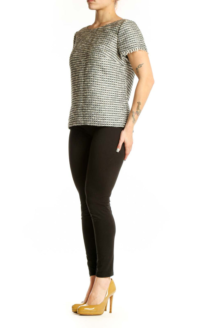 Gold lurex textured short-sleeve top by Talbots with frayed trim, front view on model