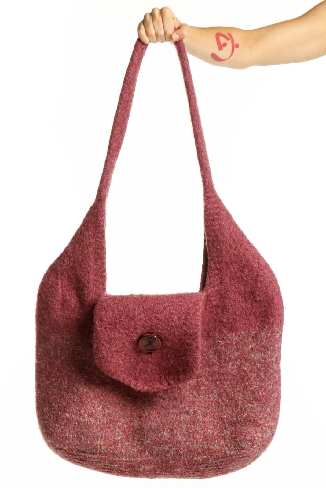 SilkRoll burgundy wool hobo tote bag with shoulder straps and button-flap closure, shown from front view