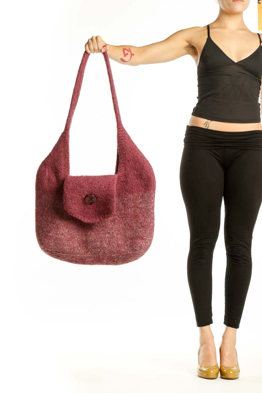 SilkRoll burgundy wool hobo tote bag with shoulder straps and button-flap closure, shown from front view
