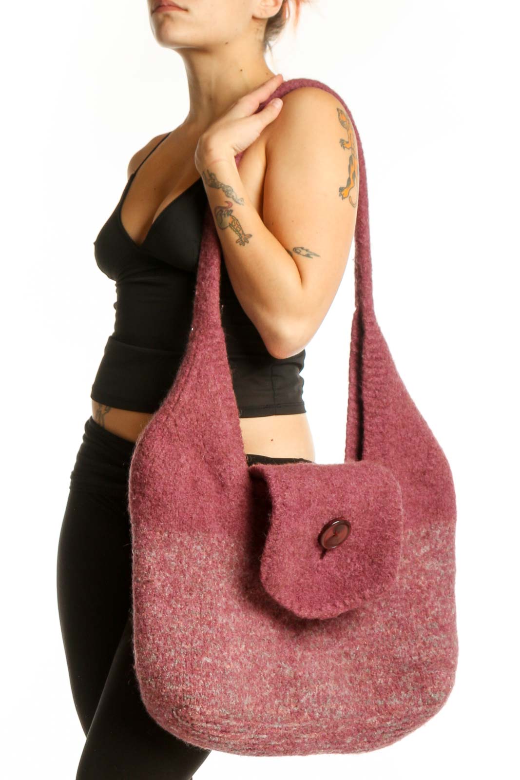 SilkRoll burgundy wool hobo tote bag with shoulder straps and button-flap closure, shown from front view