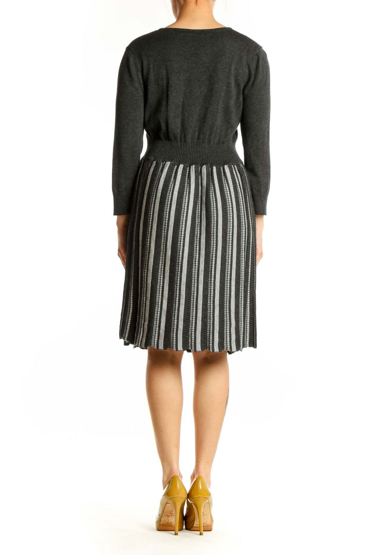 Back view of charcoal striped pleated knit dress showing vertical stripe pattern and pleated skirt