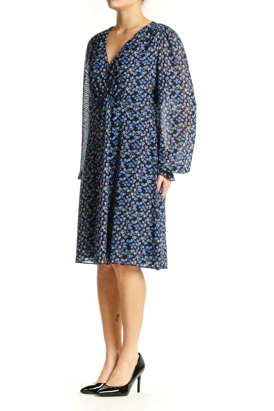 Navy blue floral wrap dress with bell sleeves and V-neckline, front view
