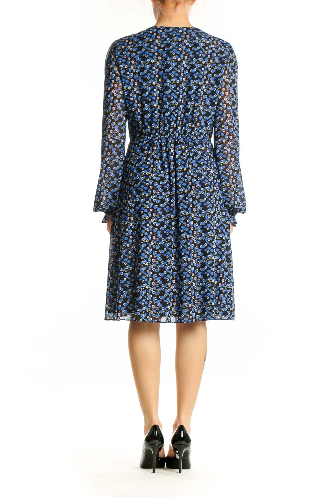 Navy blue floral wrap dress with bell sleeves, back view showing wrap design