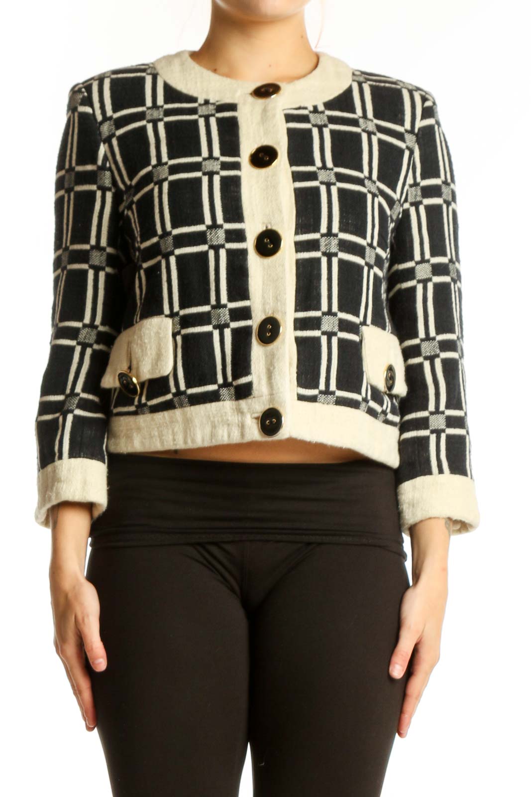 Black and cream plaid button-front Milly jacket with patch pockets and cream cuffs, front view