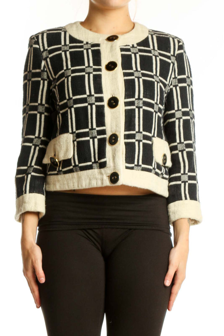 Black and cream plaid button-front Milly jacket with patch pockets and cream cuffs, front view