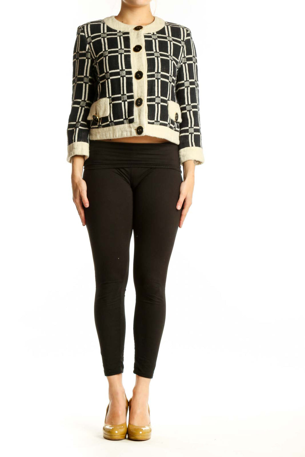 Black and cream plaid button-front Milly jacket with patch pockets and cream cuffs, front view