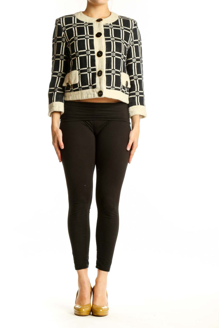Black and cream plaid button-front Milly jacket with patch pockets and cream cuffs, front view