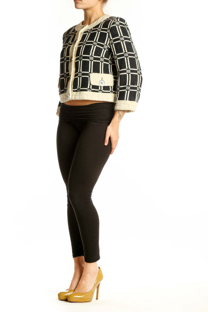 Black and cream plaid button-front Milly jacket with patch pockets and cream cuffs, front view