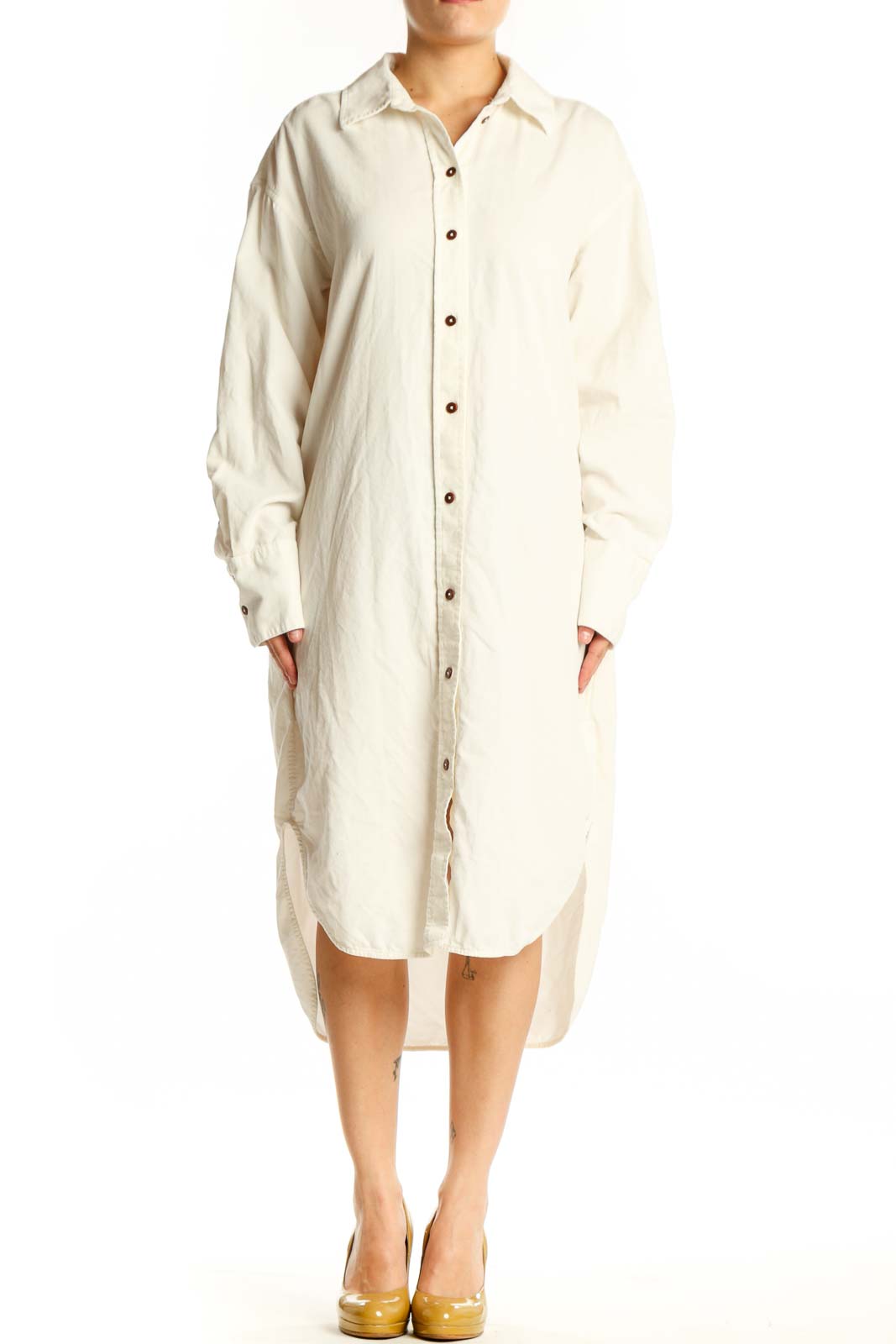 Cream cotton button-front shirt dress by Madewell, front view showing long sleeves and relaxed fit