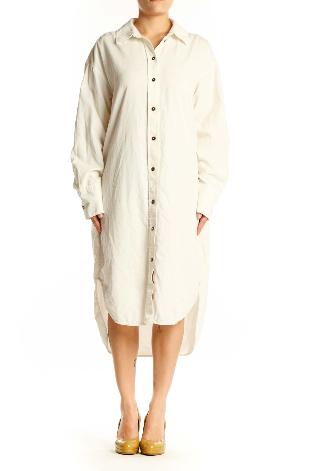 Cream cotton button-front shirt dress by Madewell, front view showing long sleeves and relaxed fit