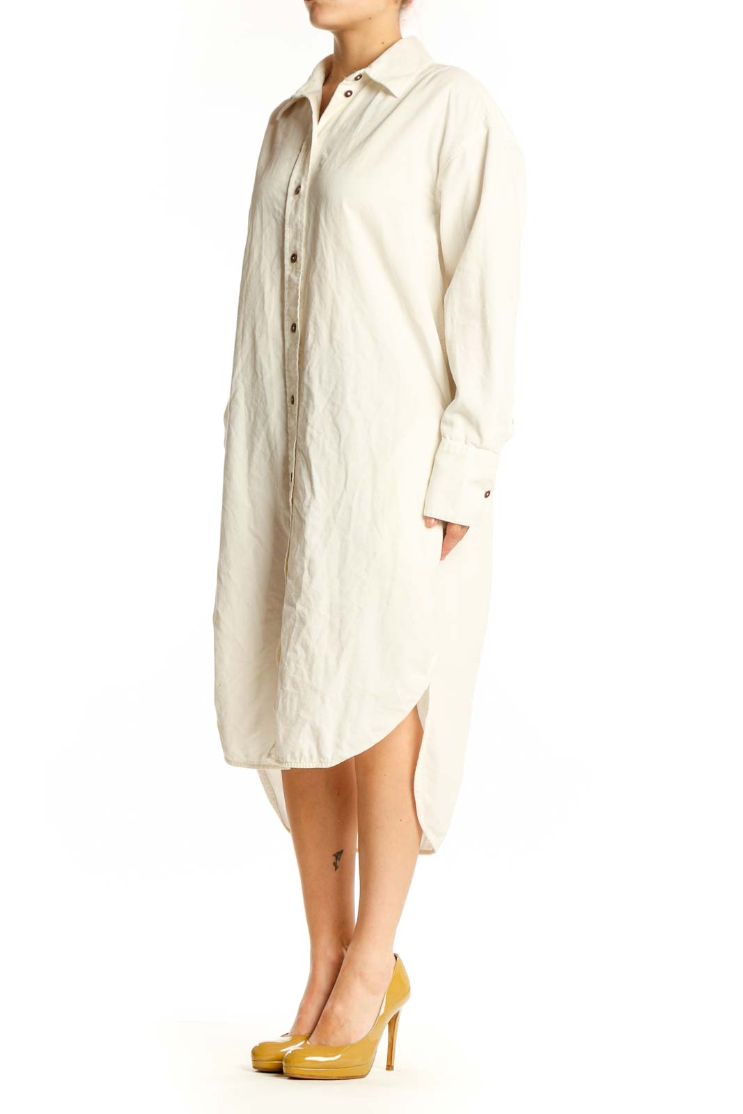 Cream cotton button-front shirt dress by Madewell, front view showing long sleeves and relaxed fit