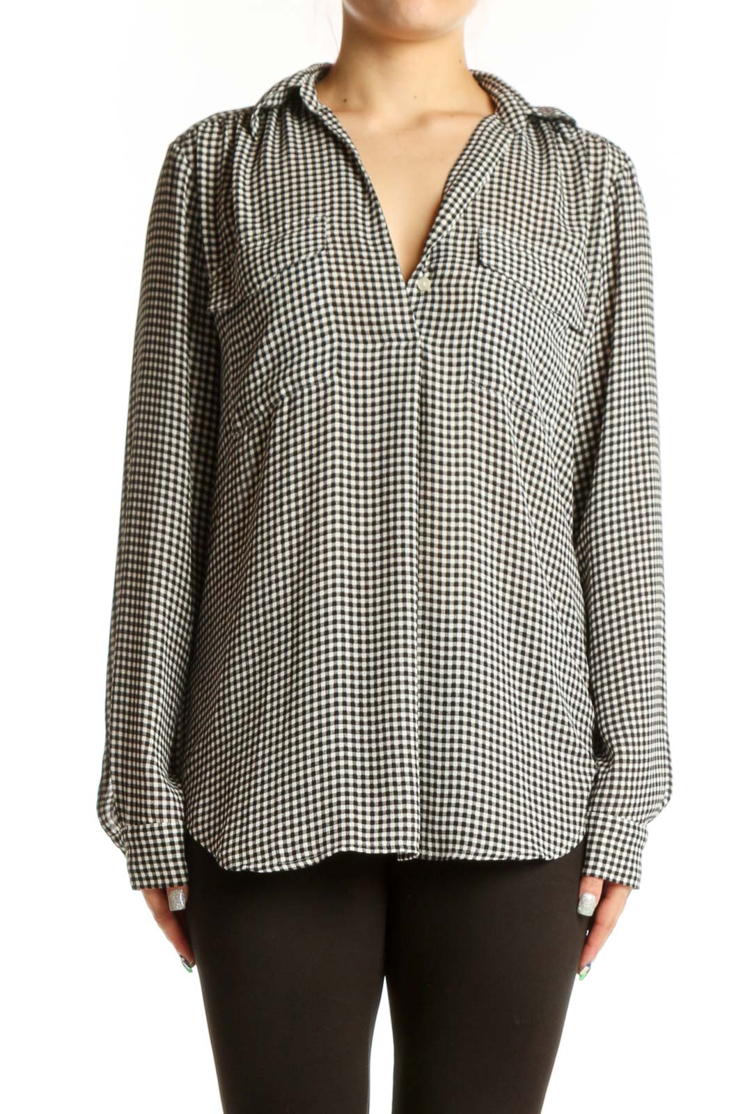 Black and white gingham button-up blouse with V-neckline and long sleeves, front view