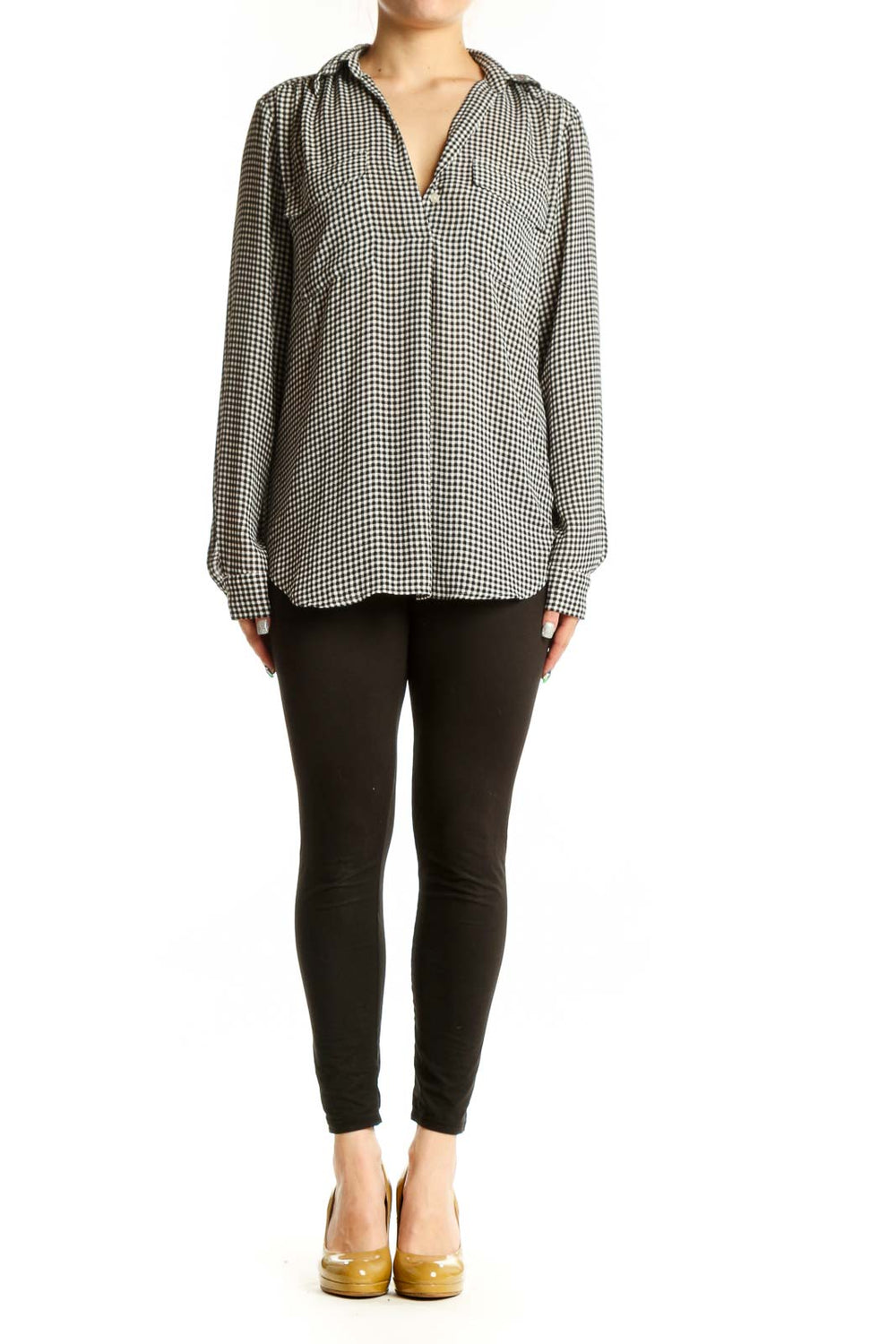 Black and white gingham button-up blouse with V-neckline and long sleeves, front view