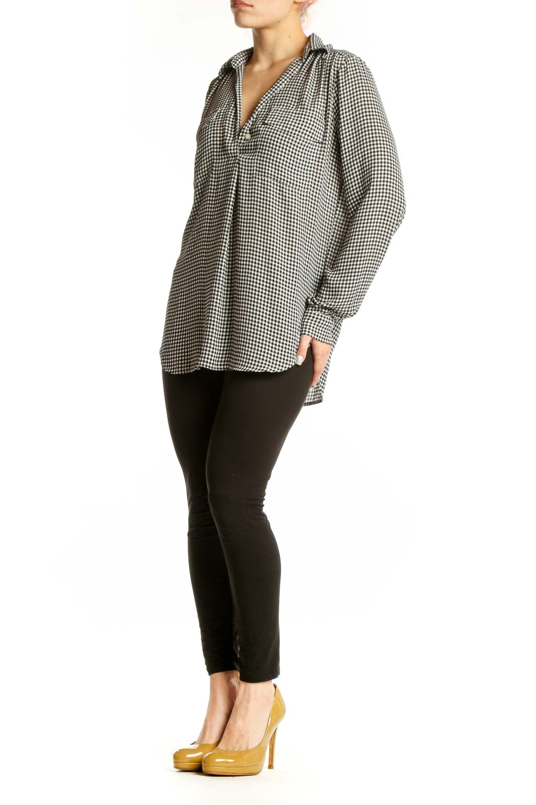 Black and white gingham button-up blouse with V-neckline and long sleeves, front view