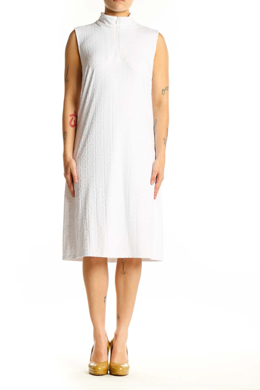 White textured sleeveless midi dress with mock neckline and A-line silhouette, front view