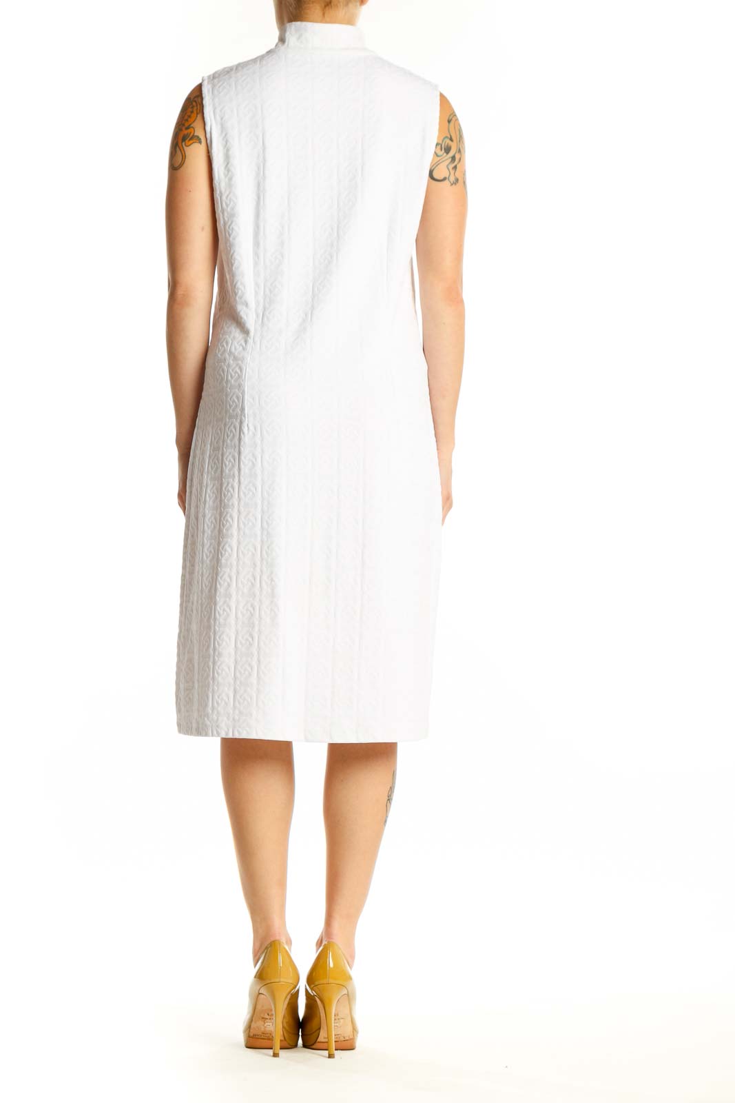 White textured sleeveless midi dress with mock neckline and A-line silhouette, back view