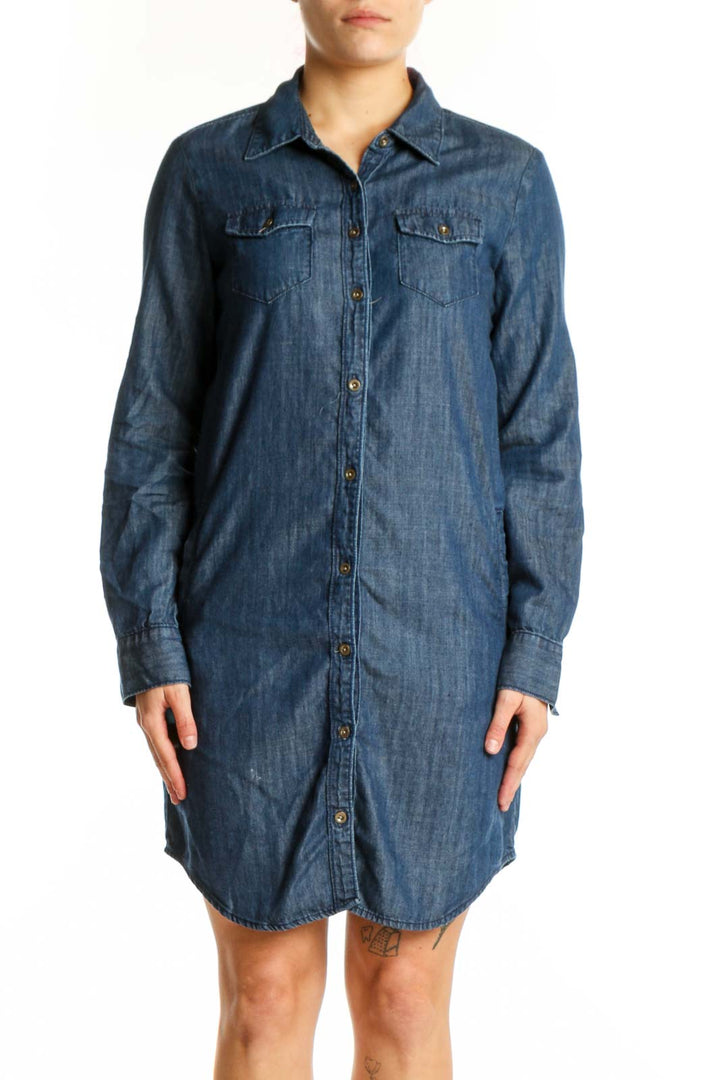Blue denim button-up shirt dress with collared neckline and chest pockets, front view