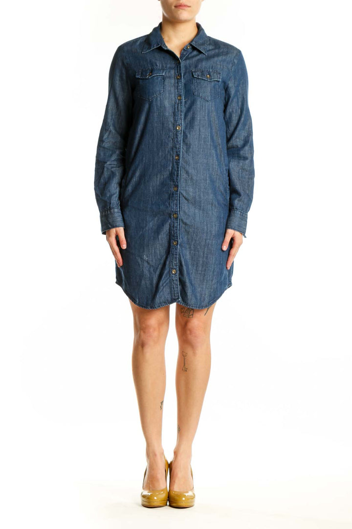 Blue denim button-up shirt dress with collared neckline and chest pockets, front view