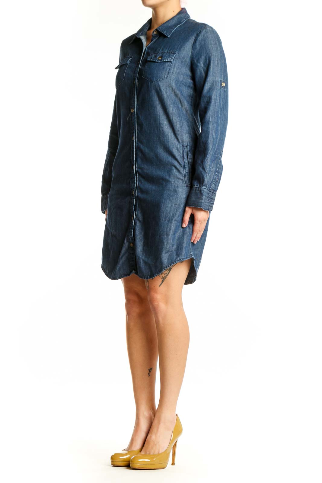 Blue denim button-up shirt dress with collared neckline and chest pockets, front view