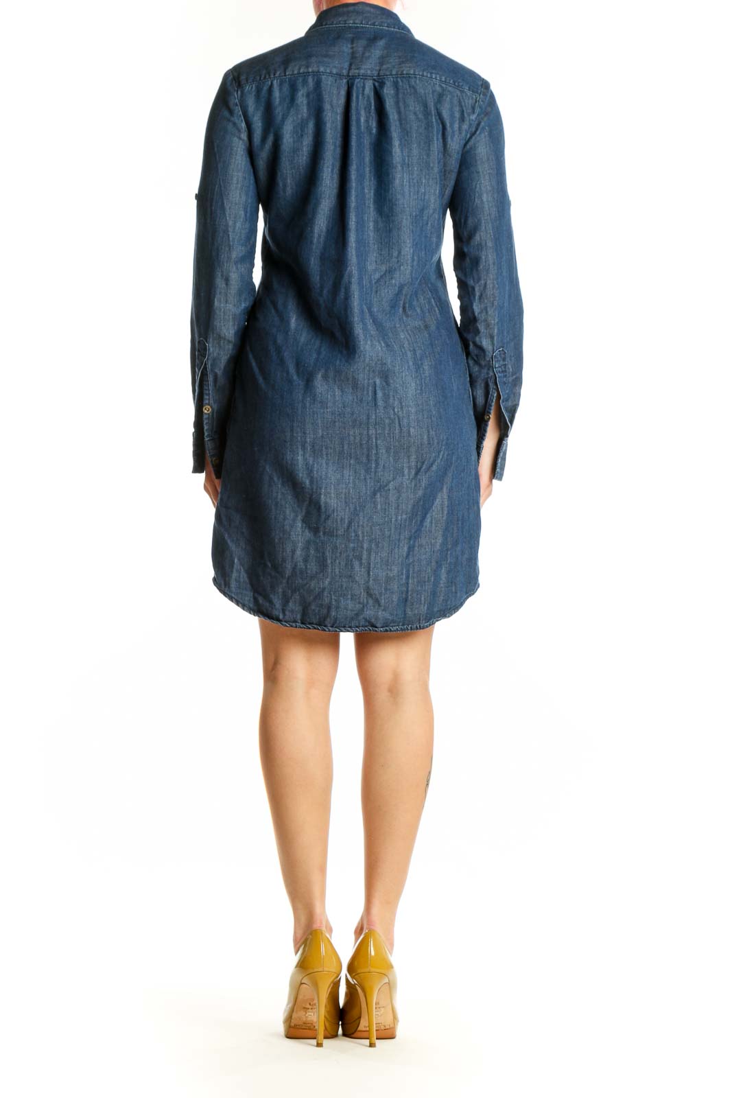 Blue denim button-up shirt dress with long sleeves and relaxed fit, back view