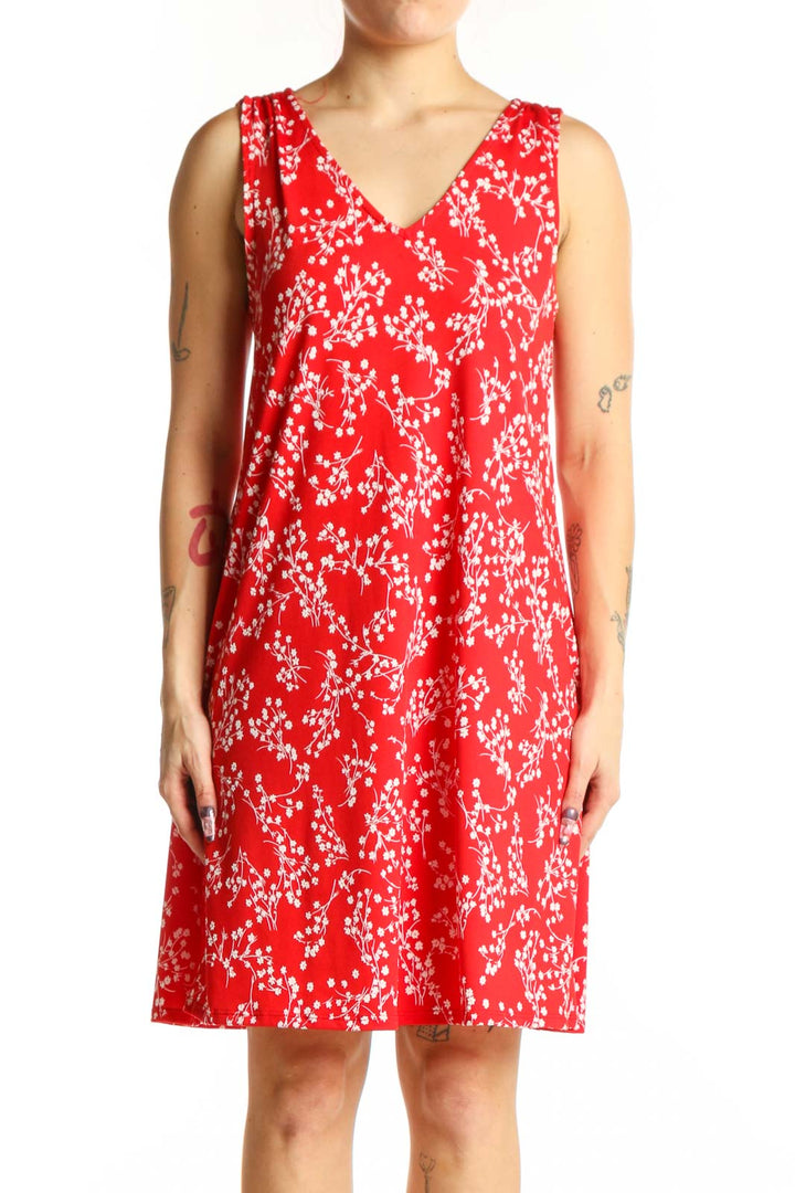 Red floral V-neck sleeveless A-line dress with white flower print, front view