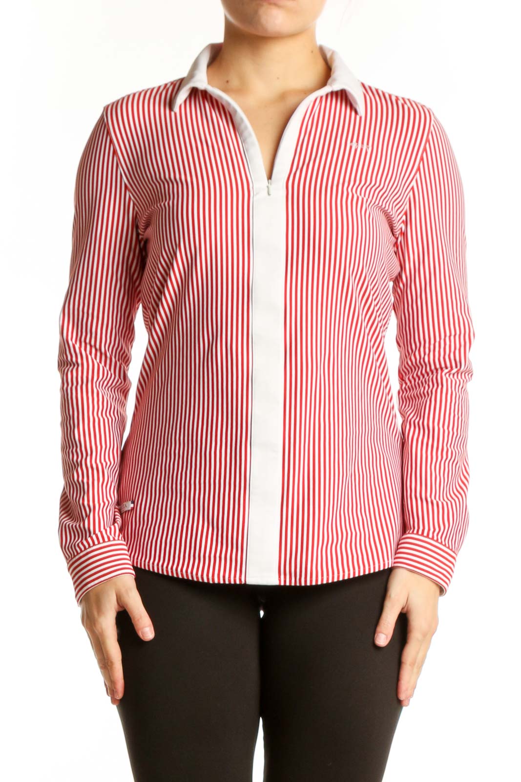 Red and white striped button-up blouse with white collar and long sleeves, front view