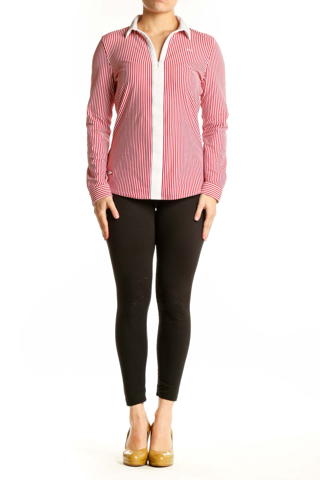 Red and white striped button-up blouse with white collar and long sleeves, front view