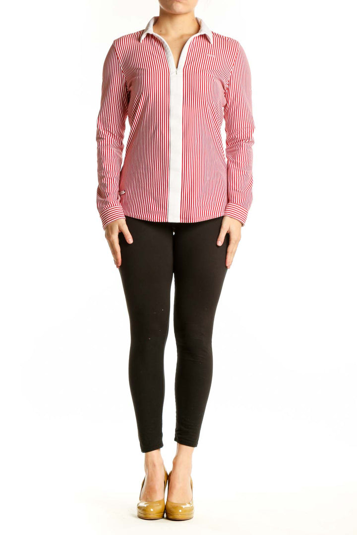 Red and white striped button-up blouse with white collar and long sleeves, front view
