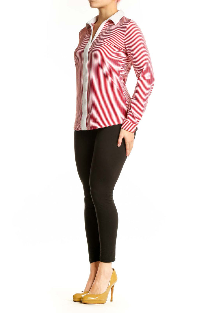 Red and white striped button-up blouse with white collar and long sleeves, front view