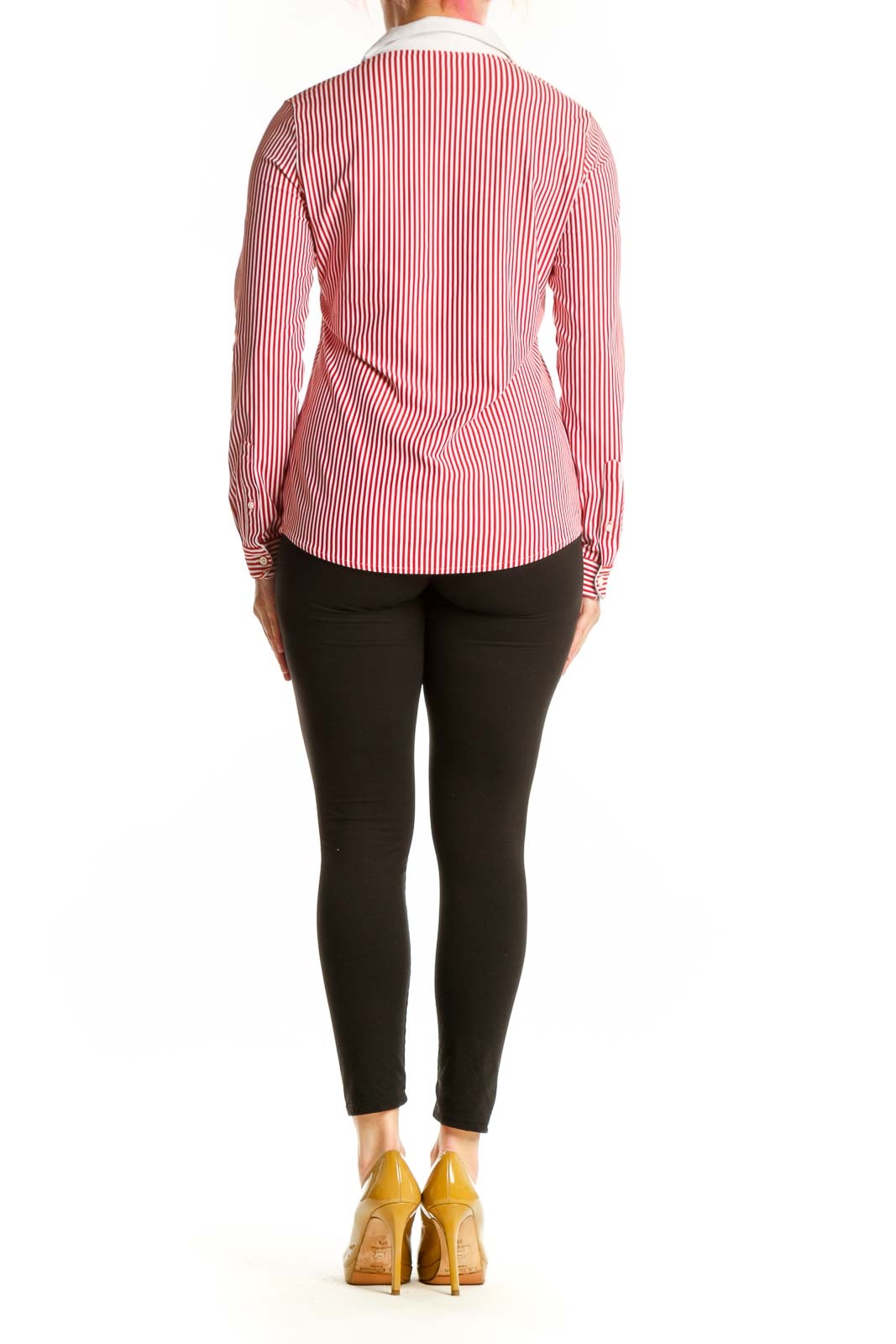 Red and white striped button-up blouse with white collar and long sleeves, back view