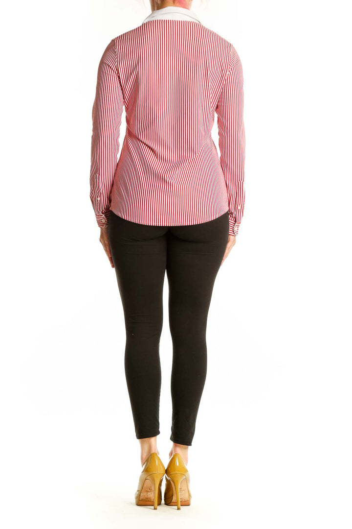 Red and white striped button-up blouse with white collar and long sleeves, back view