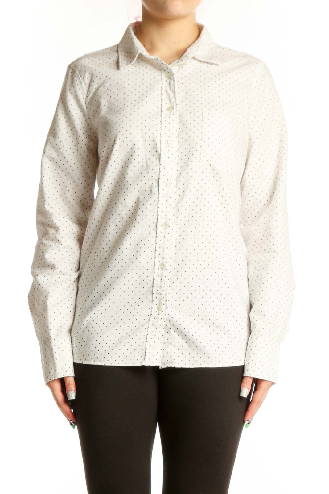 Front view of cream polka dot J.Crew cotton button-up shirt with collared neckline and long sleeves