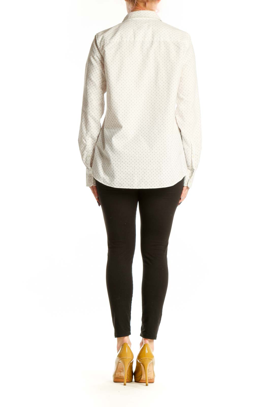Back view of cream polka dot J.Crew cotton button-up shirt showing button-front closure and relaxed fit