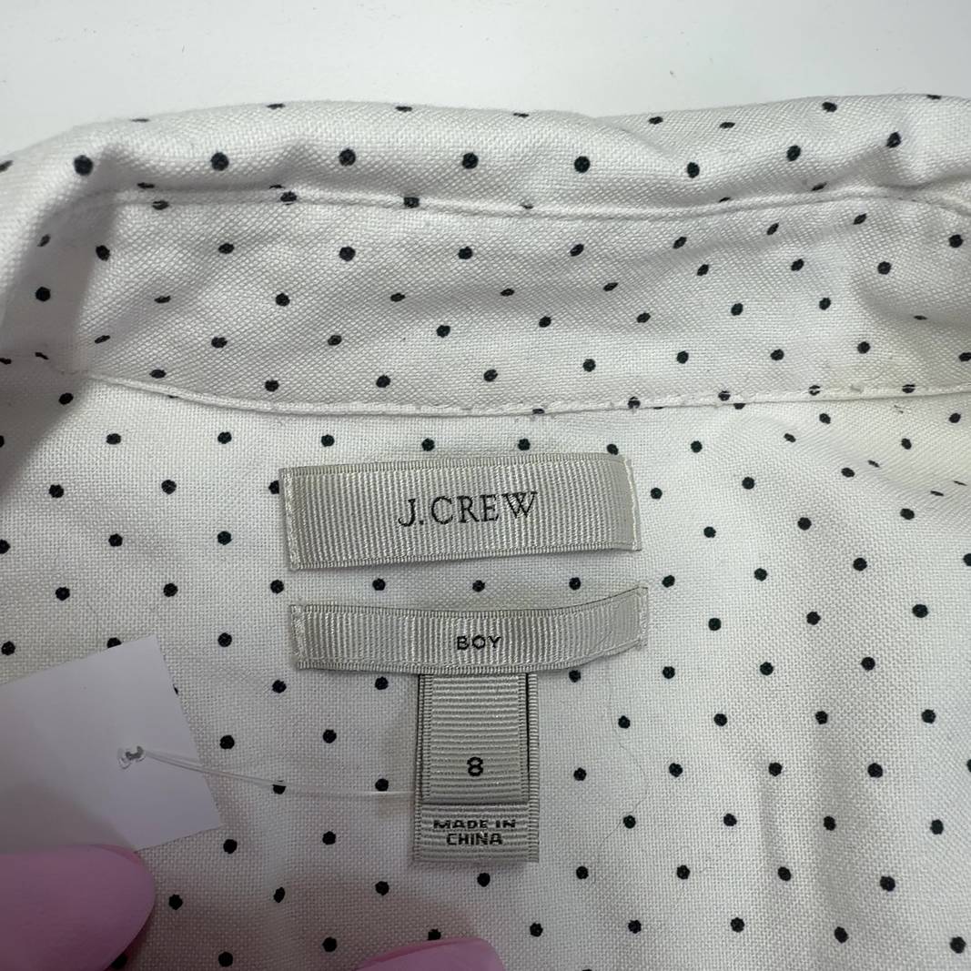 Tag view of cream polka dot J.Crew cotton button-up shirt showing button-front closure and relaxed fit