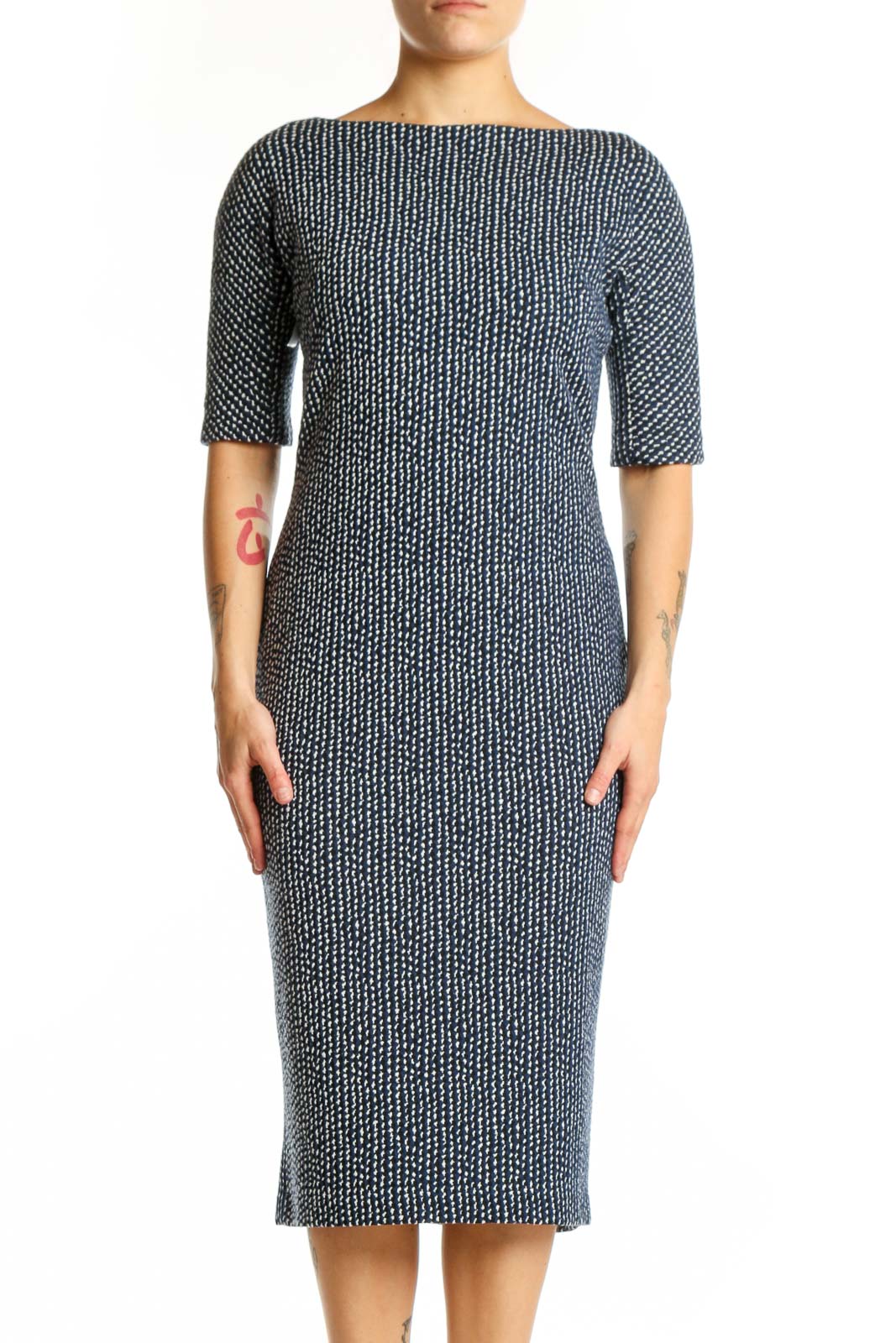 Navy textured knit midi dress with boat neckline and three-quarter sleeves, front view