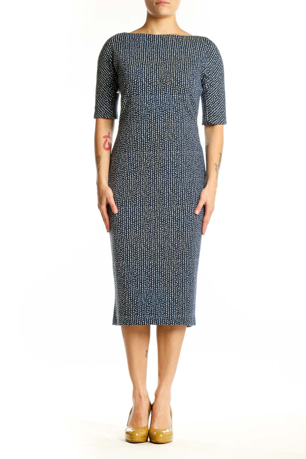 Navy textured knit midi dress with boat neckline and three-quarter sleeves, front view