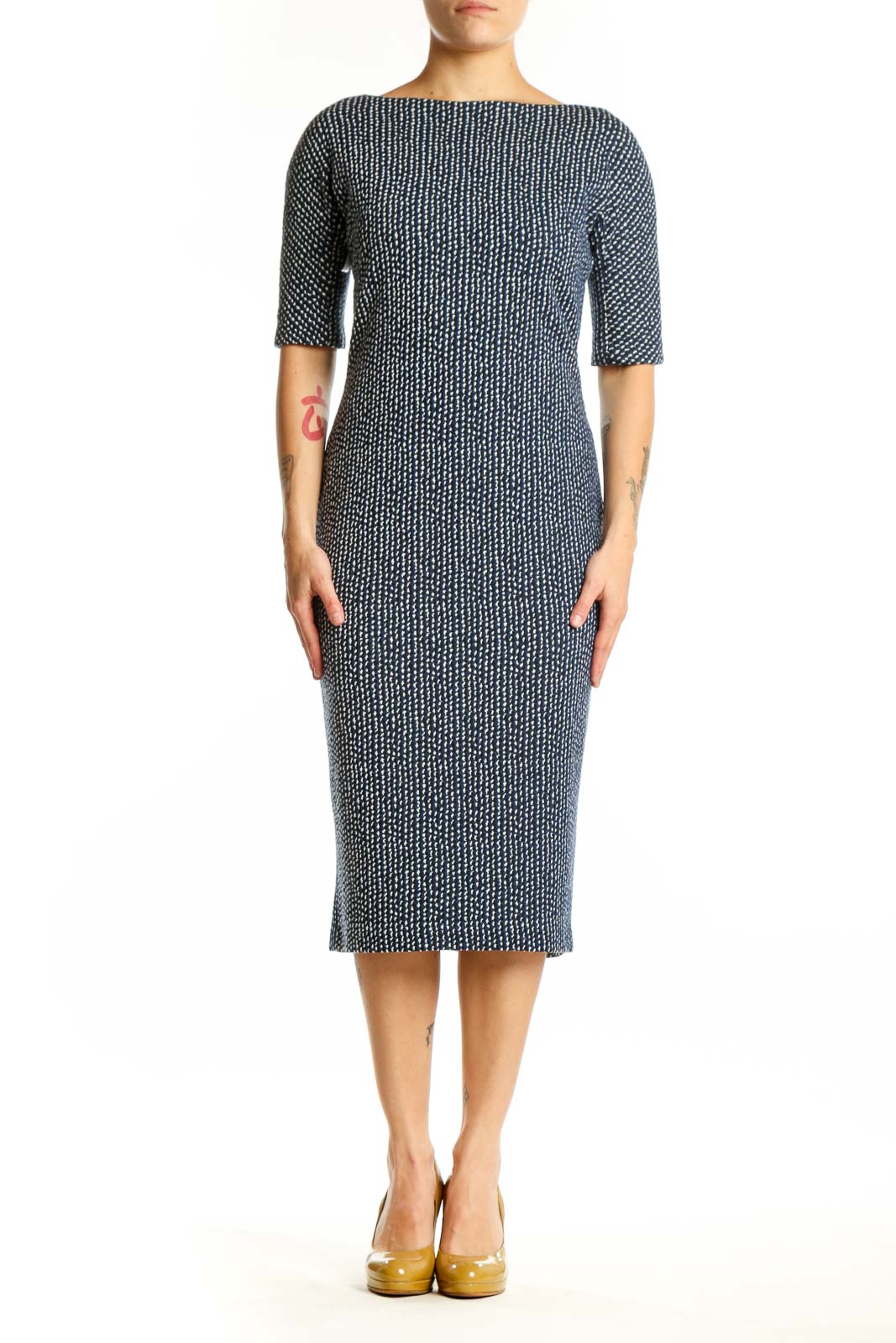 Navy textured knit midi dress with boat neckline and three-quarter sleeves, front view