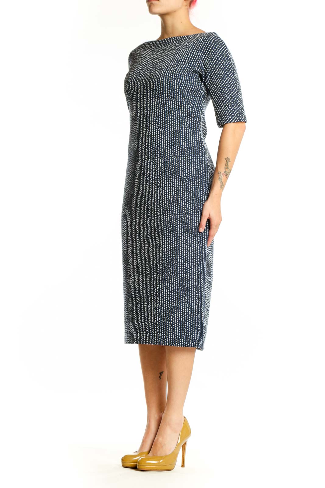 Navy textured knit midi dress with boat neckline and three-quarter sleeves, front view