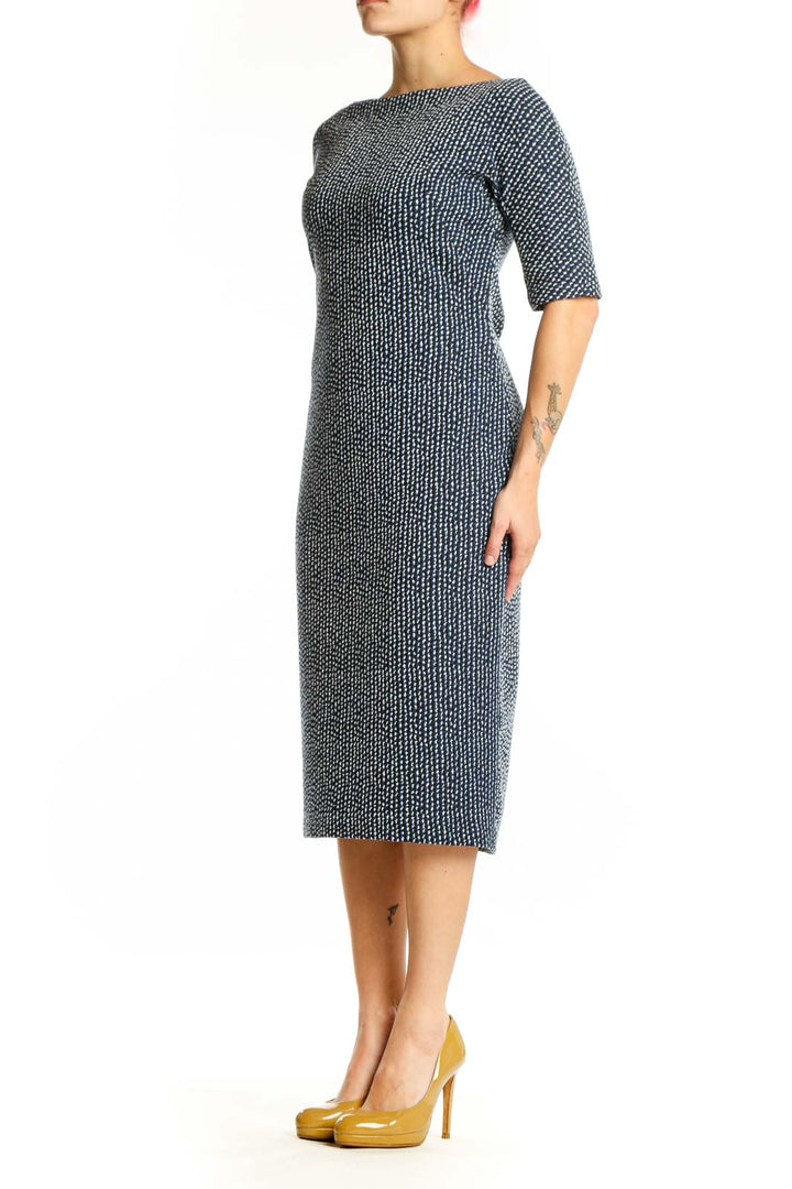 Navy textured knit midi dress with boat neckline and three-quarter sleeves, front view