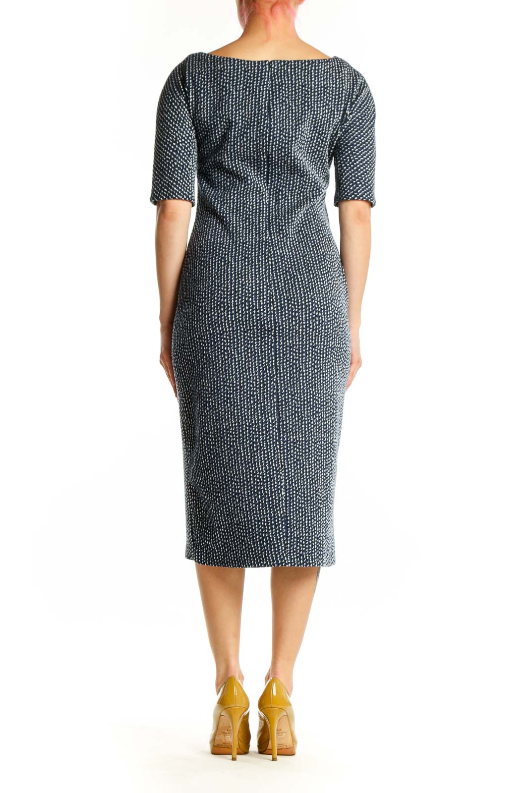 Navy textured knit midi dress with boat neckline and three-quarter sleeves, back view