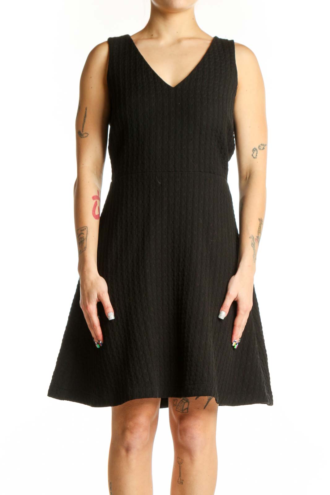 Black ribbed V-neck sleeveless fit and flare dress front view